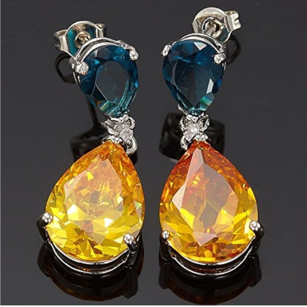 18K White Gold with Blue Sapphire and Yellow Champagne Cubic ZIrconia Earrings - Picture 4 of 6